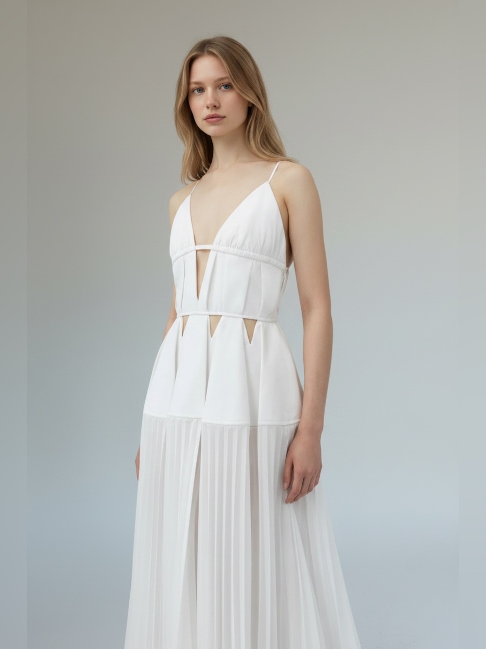 SIMKHAI SELENE PLEATED COTTON CUTOUT MAXI DRESS GOWN White Size 2 - Picture 3 of 13